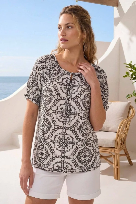 Image of Roman Womens Mono Printed Tie Neck Top in White Size: 18 White Female 18