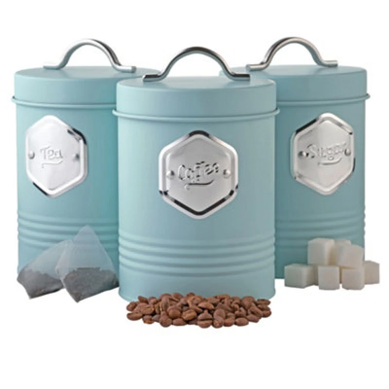Image of Cooks Professional 3 Piece Tea Coffee Sugar Cannister Set - Labelled Kitchen Storage Tins With Airtight Lids - Blue & Silver