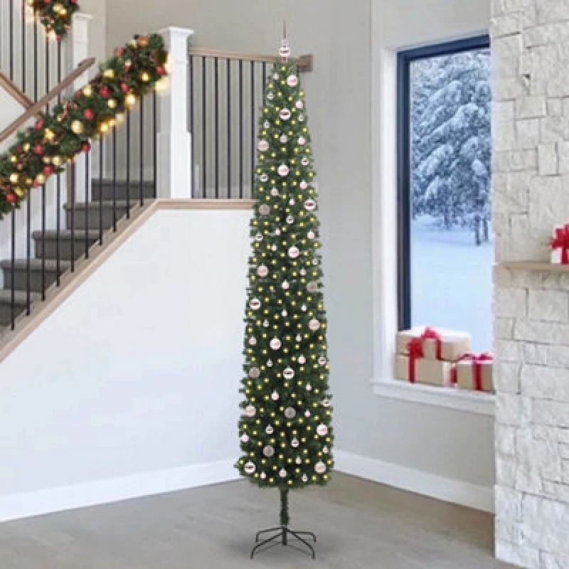 Image of vidaXL Artificial Christmas Tree with 300 LEDs, Pink Balls with Stand Green 270 cm, Green 3394980