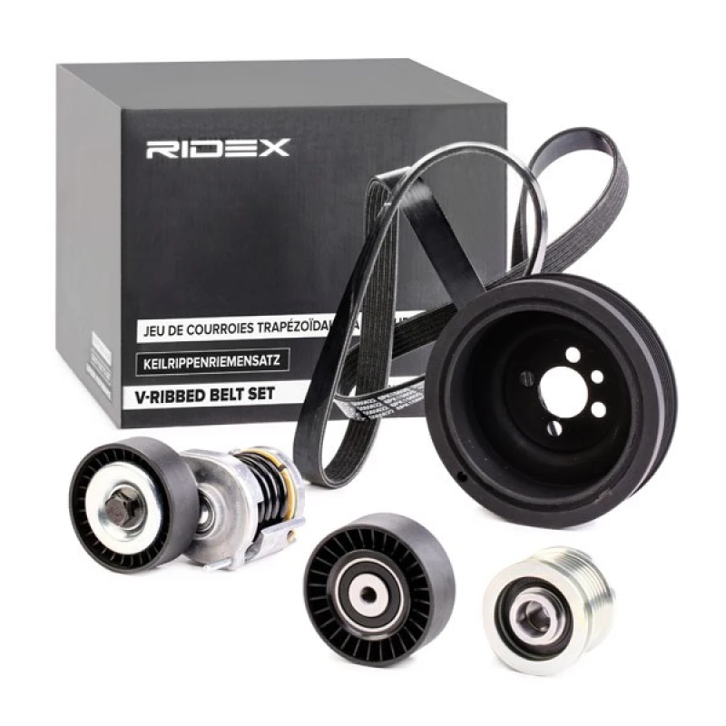 Image of RIDEX 542R0394 V-ribbed belt set Pulleys: with freewheel belt pulley V-Ribbed Belt Set (542)