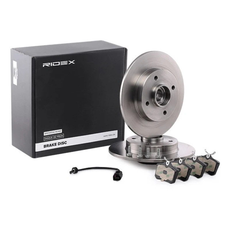 Image of RIDEX 3405B0246 Brake disc and pads set Rear Axle, Brake Disc Type: Solid, with wheel bearing Brake Set,disc brakes (3405)