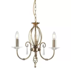 image of 3 Bulb Chandelier Cut Glass Droplets Central Curved Stem Aged Brass LED E14 60W