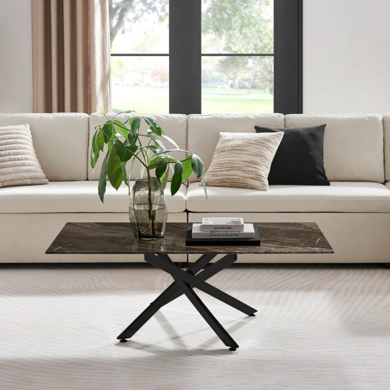 Image of FurnitureboxUK FurnitureboxUK Leonardo Rectangular Marble Effect Glass Top Coffee Table With Black Metal Starburst Legs in Grey Grey One Size Unisex 5