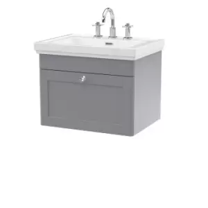 image of Nuie Classique 600mm Wall Hung 1-drawer Unit & Basin 3 Tap Holes - Satin Grey