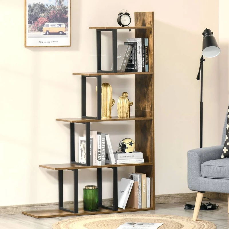 Image of HOMCOM 5-Tier Ladder Shelf Display Plant Stand Home Ladder Rustic Brown Brown Unisex