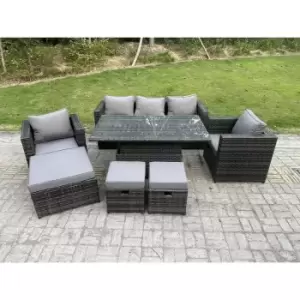 Image of Fimous 5 Seater Outdoor Dark Grey Mixed Rattan Lounge Complete Sofa Set with Adjustable Dining Table, 2 Stools and Big Footstool