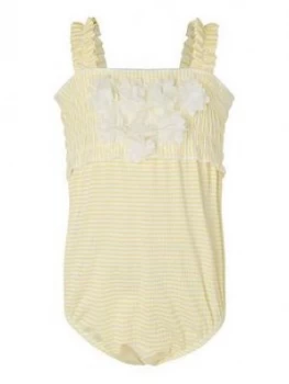 image of Monsoon Baby Girls Seersucker Flower Swimsuit - Yellow, Size 0-3 Months