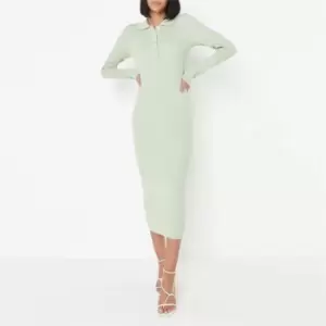 image of Missguided Rib Half Button Collared Midaxi Dress - Green