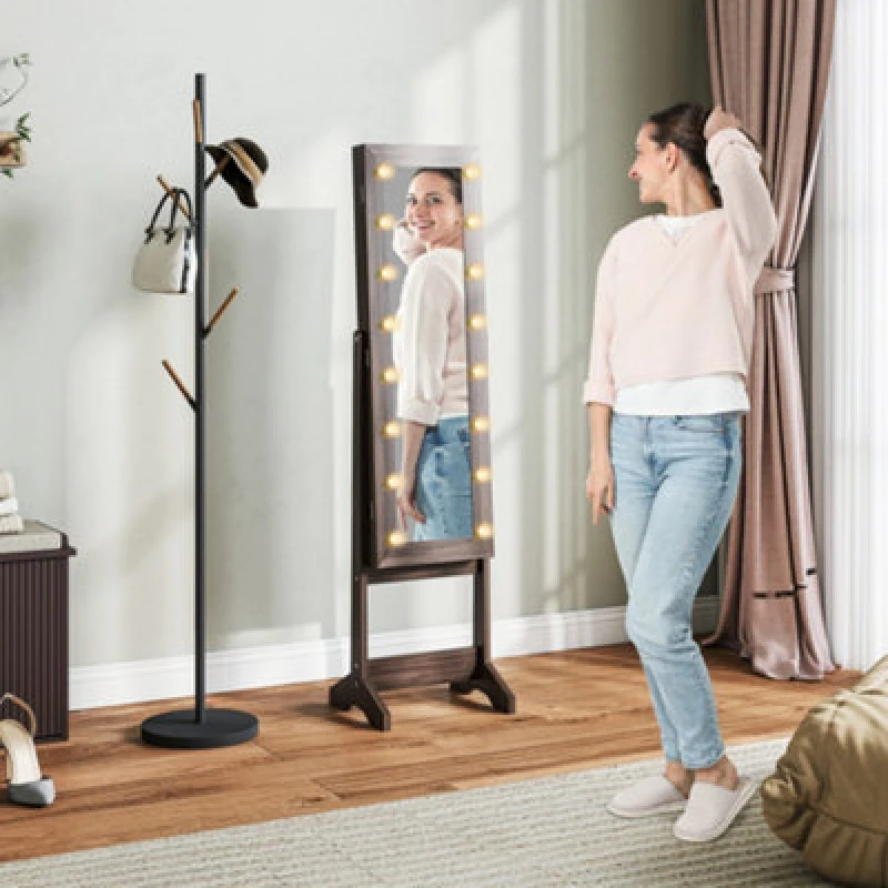 Image of HOMCOM HOMCOM Free Standing LED Mirrored Jewelry Cabinet Armoire Floor Organiser in Dark Brown Dark Brown One Size Unisex 5063603047921