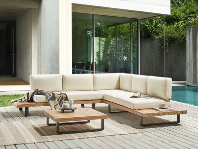 Image of Beliani Garden Corner Sofa With Table 5 Seater Mykonos Right Hand Certified Acacia Wood Off-White