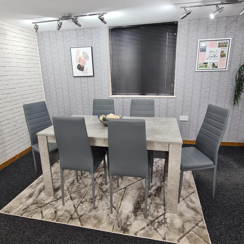 Image of KOSY KOALA Kosy Koala - Dining Table and 6 Chairs Stone Grey Effect Wood Table 6 Grey Leather Chairs Dining Room Stone grey 117 + 6 grey metal chairs