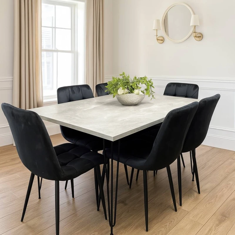Image of KOSY KOALA Dining Table With 6 Chairs Modern Grey Dining Table Set With 6 Black Velvet Chairs Dining Room Furniture in Brown Brown Unisex