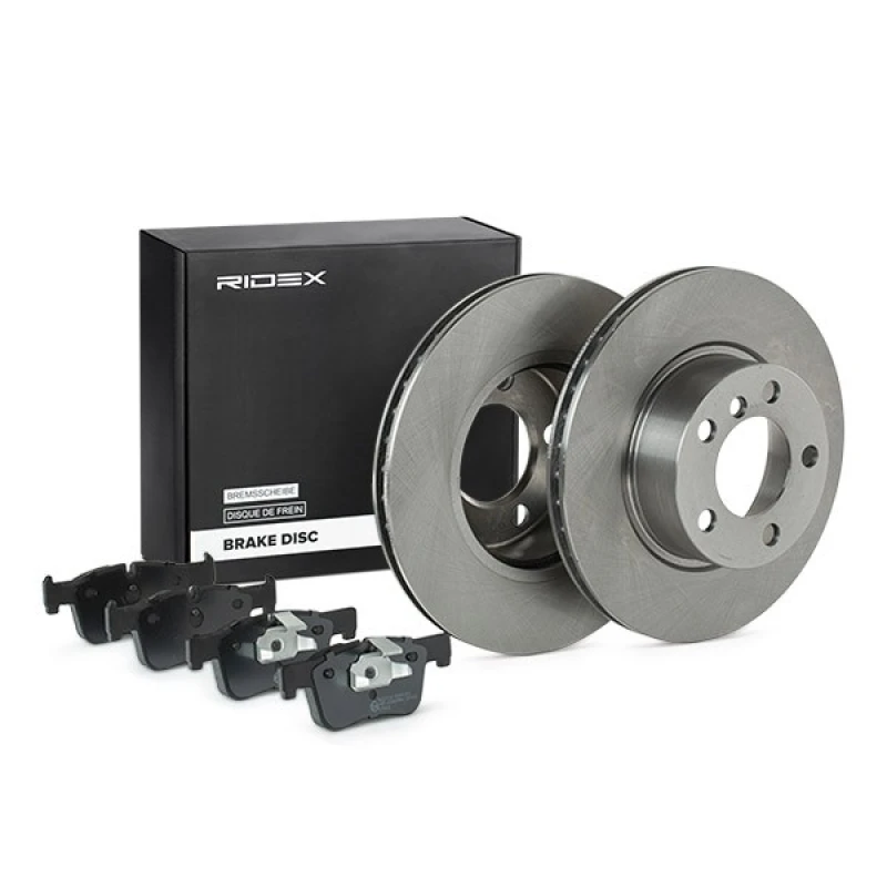 Image of RIDEX 3405B1143 Brake disc and pads set Front Axle, Brake Disc Type: internally vented, prepared for wear warning indicator, with piston clip Brake S