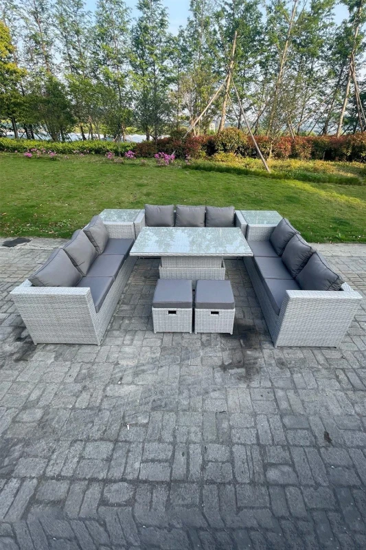 Image of Fimous U Shape Rattan Garden Furniture Adjustable Rising Lifting Table Dining Set 2 PC Side Table Stool Light Grey