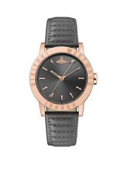 Image of Vivienne Westwood Vivienne Westwood Warwick Ii Black Sunray And Rose Gold Detail Dial Black Leather Strap Watch