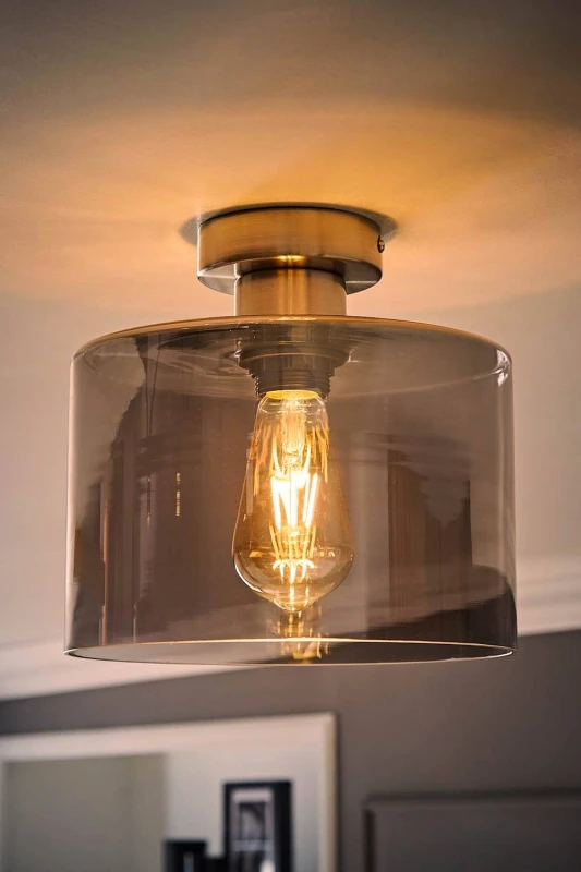 Image of ValueLights Demi Brushed Chrome with Smoked Glass Flush Ceiling Light with Bulb in Metallic Silver Metallic Silver Unisex
