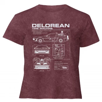 image of Back To The Future Delorean - Womens Cropped T-Shirt - Burgundy Acid Wash - L - Burgundy Acid Wash