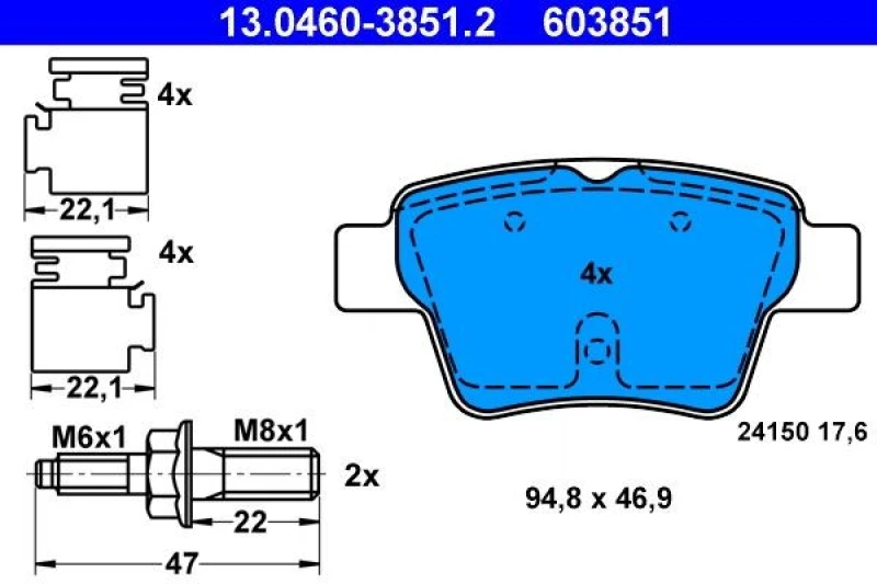 Image of ATE 13.0460-3851.2 Brake pad set excl. wear warning contact, with accessories Brake Pad Set,disc brake (402)