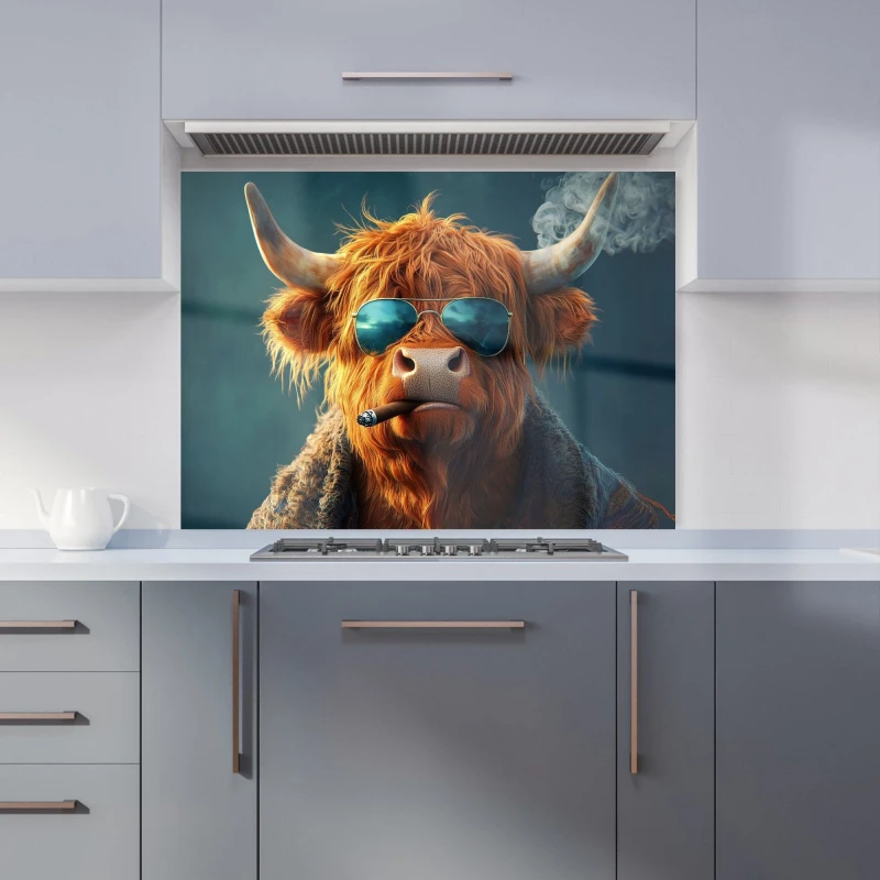Image of Warren Reed - Designer Highland Cow With Glasses Kitchen Splashback in Blue Size: 900mm x 650mm Blue Unisex 900mm x 650mm