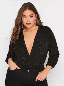 image of Yours Glitter Party Wrap Bodysuit - Black, Size 16, Women