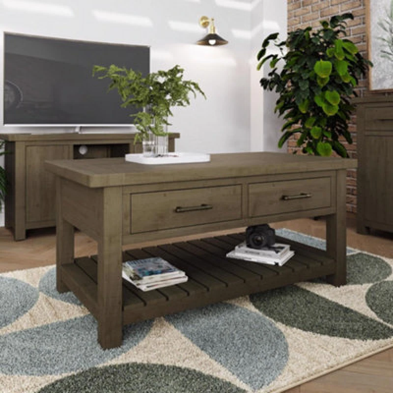Image of FW Style Saltash 2 Drawer Storage Coffee Table - Solid Reclaimed Natural Pine, Brown SAL06