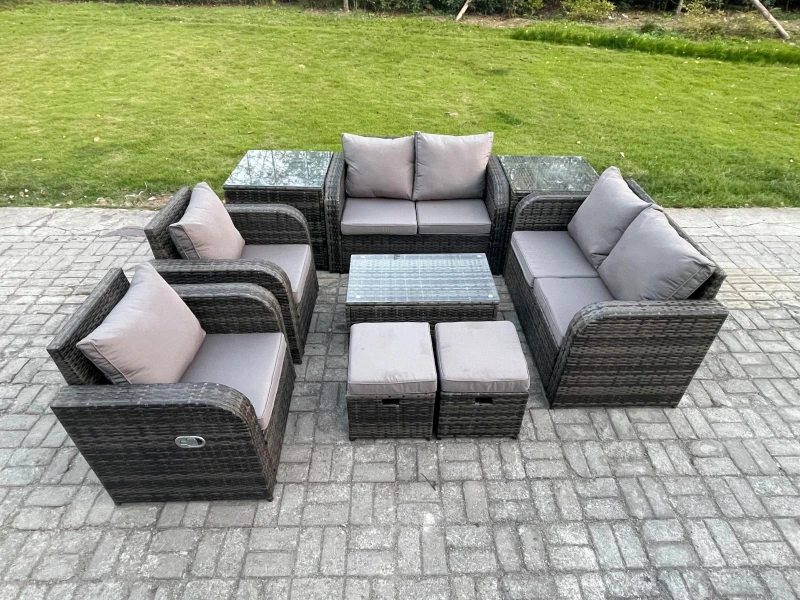 Image of Fimous 8 Seater Rattan Garden Furniture Set Patio Outdoor Lounge Sofa Set with Rectangular Coffee Table 2 Small Footstools Love Sofa 2 Side Tables Dar
