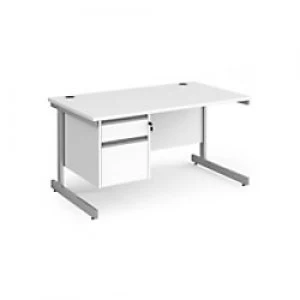 Image of Dams International Straight Desk with White MFC Top and Silver Frame Cantilever Legs and 2 Lockable Drawer Pedestal Contract 25 1400 x 800 x 725mm