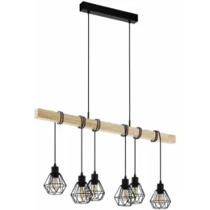 image of Hanging Ceiling Pendant Light Black Cage & Wood 6x E27 Kitchen Island Lamp