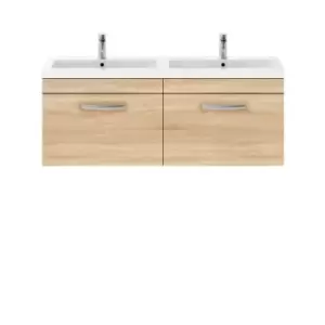 image of Nuie Athena 1200 Wall Hung 2-drawer Vanity & Ceramic Double Basin - Natural Oak