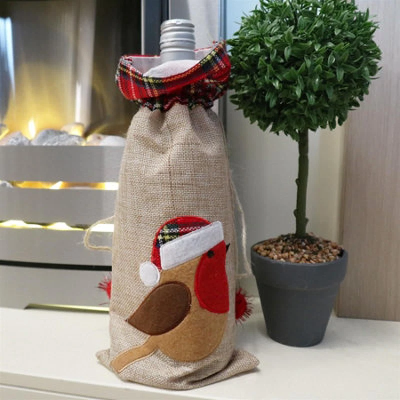 Image of Shatchi Wine Bottle Liquor Cover Bag with Drawstring Printed Pattern Burlap Hessian Linen Novelty Dinner Table Decorations-Reindee Brown