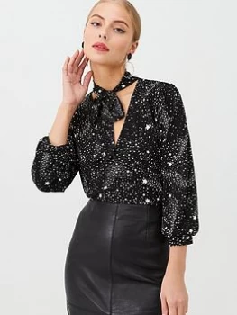 Image of Oasis Star Pussybow Top - Star Print, Mono, Size XS, Women