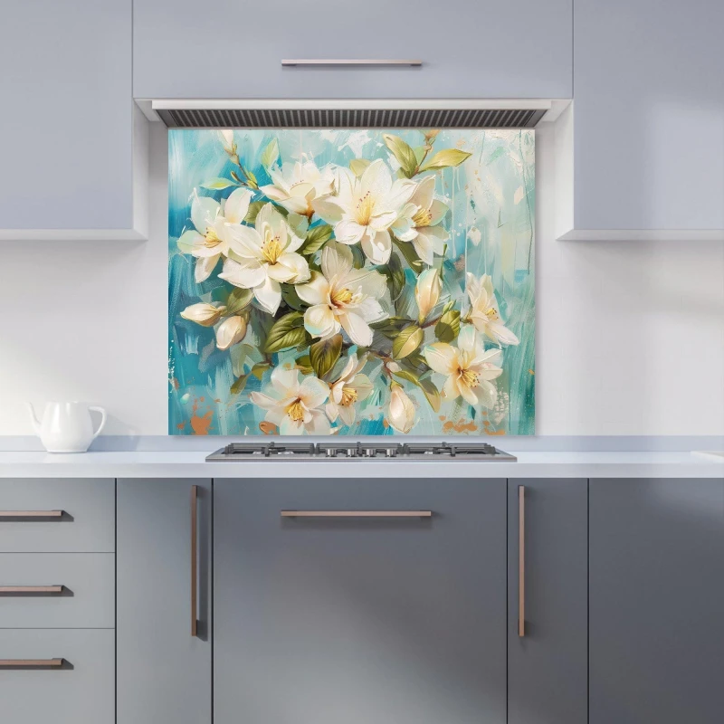 Image of Warren Reed - Designer Fresh Jasmine in Blue Hue Kitchen Splashback Size: 600mm x 750mm Multicolor Unisex 600mm x 750mm
