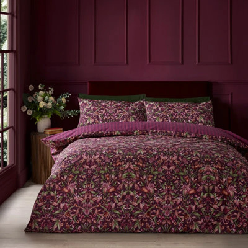 Image of Catherine Lansfield Richmond Floral Reversible Double Duvet Cover Set With Pillowcases Plum