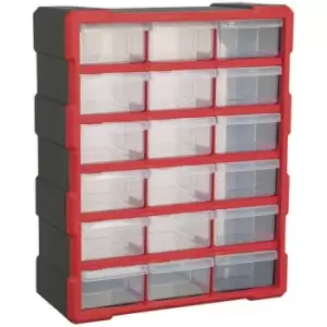 Image of 375 x 165 x 470mm 18 Drawer Parts Cabinet - RED - Wall Mounted / Standing Box