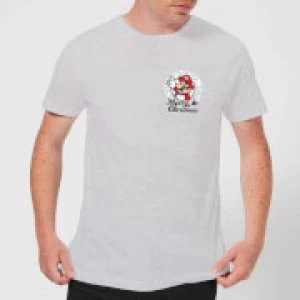 Image of Nintendo Super Mario Mario Merry Christmas Pocket Wreath Grey T-Shirt - L