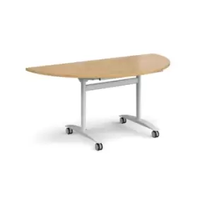 image of Semi circular deluxe fliptop meeting table with white frame 1600mm x 800mm - oak