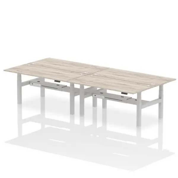 Image of Air Air Back-to-Back 1800 x 800mm Height Adjustable 4 Person Bench Desk Grey Oak Top with Cable Ports Silver Frame HASCP4P18800GRYS