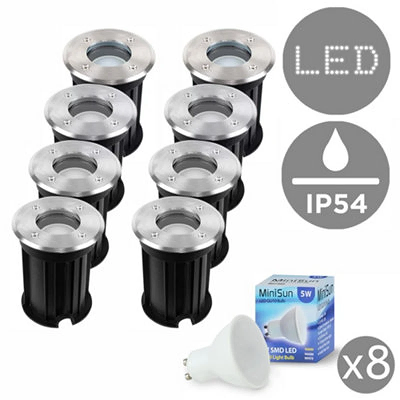 Image of Valuelights Pack Of 8 Bushed Chrome Ip54 Rated Outdoor Garden Walk Over Lights Complete With 5W Gu10 LED Bulbs 3000K Warm White