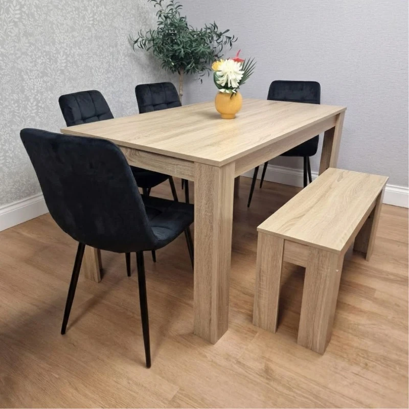 Image of Kosy Koala Dining Table And 4 Chairs With Bench Oak Effect Wood 4 Black Velvet Chairs, Multi OAK140+4BKR+1B