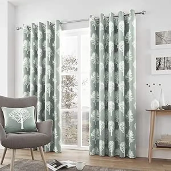 image of Fusion Woodland Trees 100% Cotton Pair of Eyelet Curtains Eyelet Curtains 66x54in Grey 76465302003