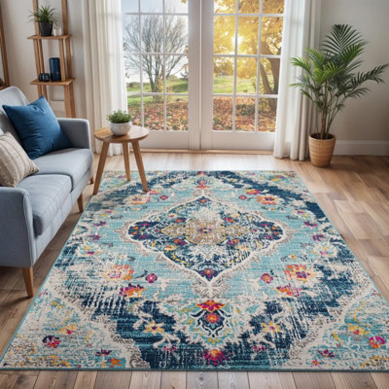 Image of Livabliss Vintage Oriental Boho Blue Romy Area Rug 160 X 215cm - Easy Care, Non Shedding, Ideal For Living Room & Bedroom