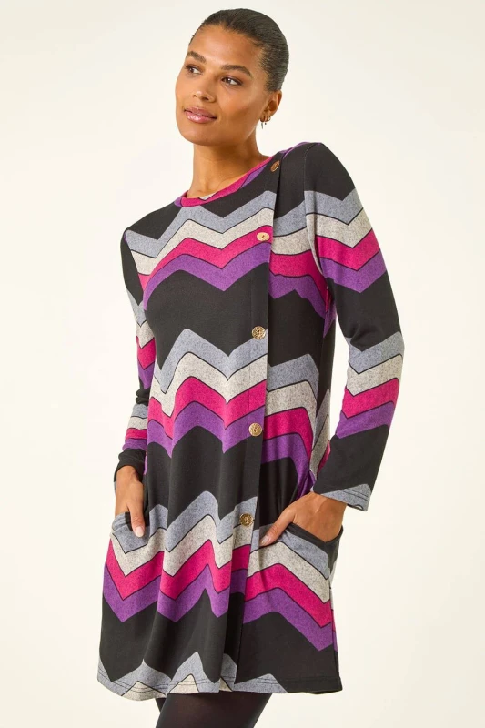 Image of Roman Womens Zig Zag Side Button Dress in Purple Size: 14 Purple Female 14