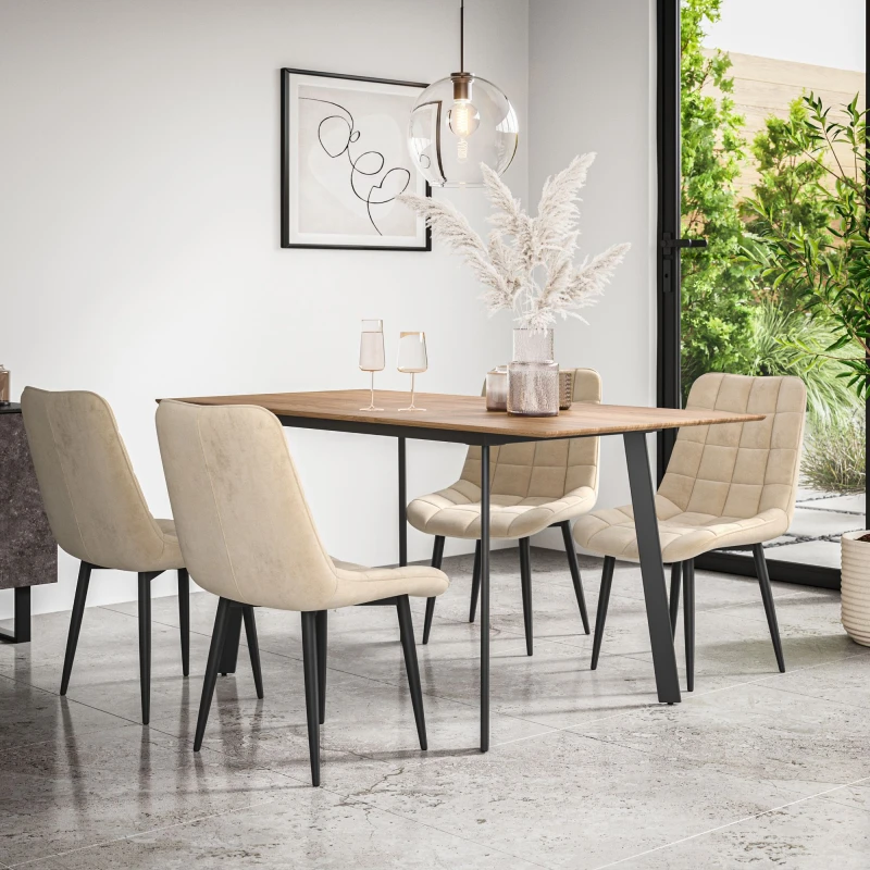 Image of More4Homes Haydon Extending Dining Table + Chairs- Oak Effect Table Top W Black Legs + Nova Velvet Dining Chair Set Of 4 (Beige)