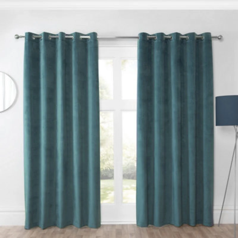 Image of Sundour Casa Blackout Ready Made Solid Colour Eyelet Velvet Curtains Blue 66X90"