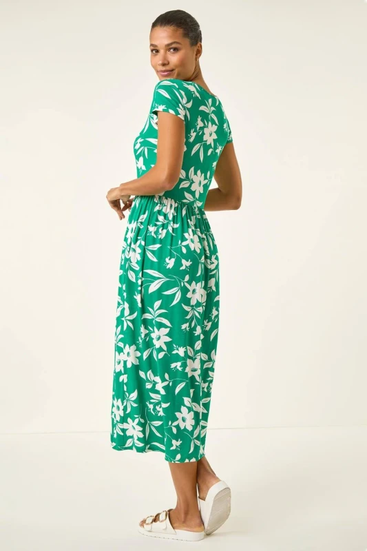 Image of Roman Womens Floral Print Pocket Midi Dress in Green Size: 10 Green Female 10