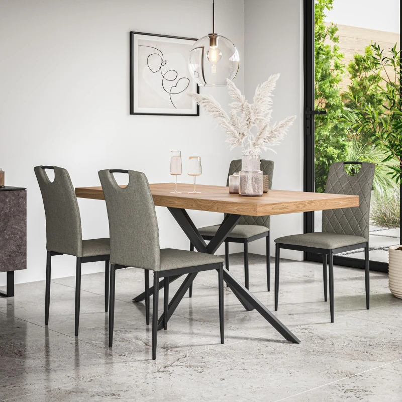 Image of More4Homes Donni Dining Table And Chairs - Oak Effect Table Top W Black Legs + Monza Linen Dining Chair Set Of 4 (Grey)