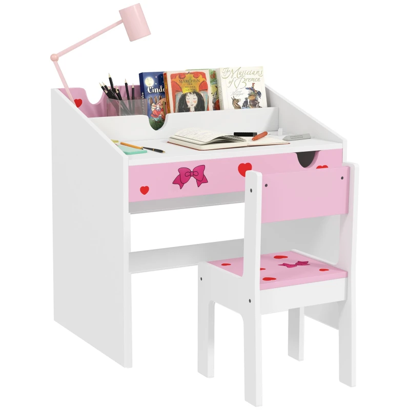 Image of AIYAPLAY Children Study Table and Chair w/ Storage, Pull-out Drawer Pink