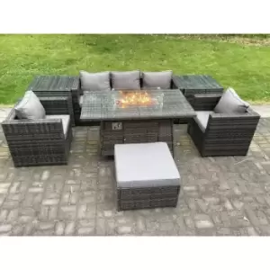 Image of Fimous 5 Seater Outdoor Dark Grey Rattan Lounge Complete Sofa Set with Gas Fire Pit Table and Big Footstool