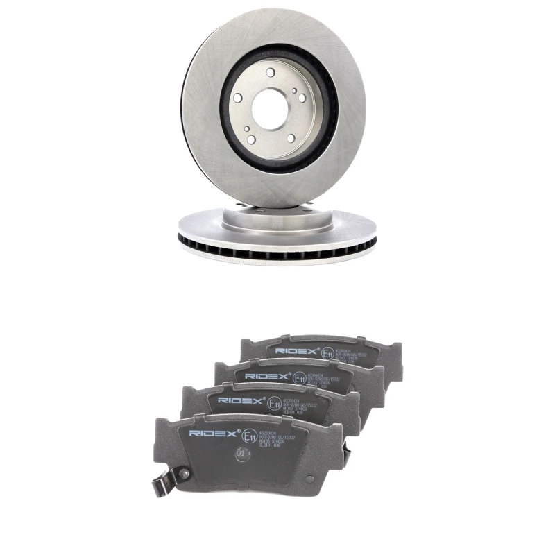 Image of RIDEX 3405B2850 Brake disc and pads set Front Axle, Brake Disc Type: internally vented, with acoustic wear warning Brake Set,disc brakes (3405)