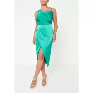 image of Missguided Petite Satin Asymmetrical Drape Midaxi Dress - Green